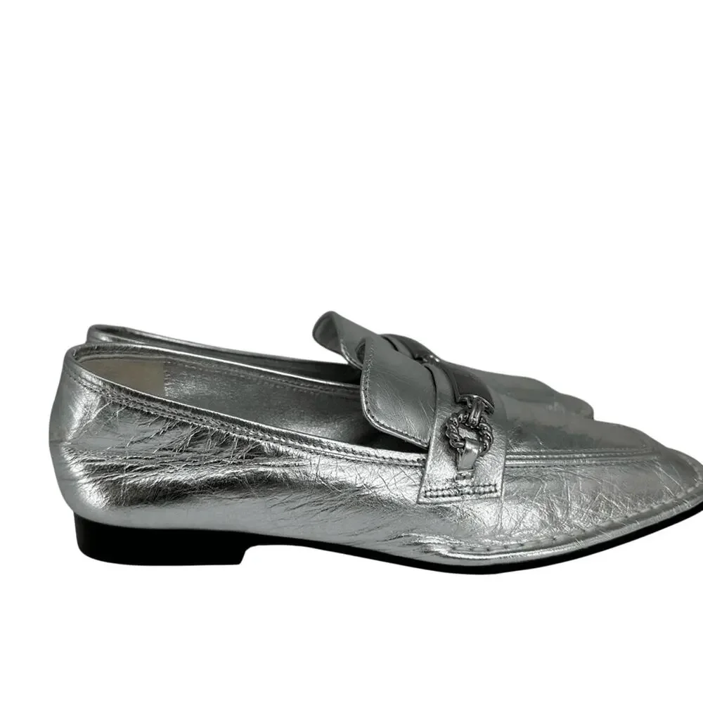 Tory Burch Perrine Metallic Chain Loafers Size 6.5 Silver Leather Flats